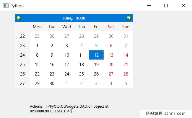PyQt5 QCalendarWidget 移除QAction